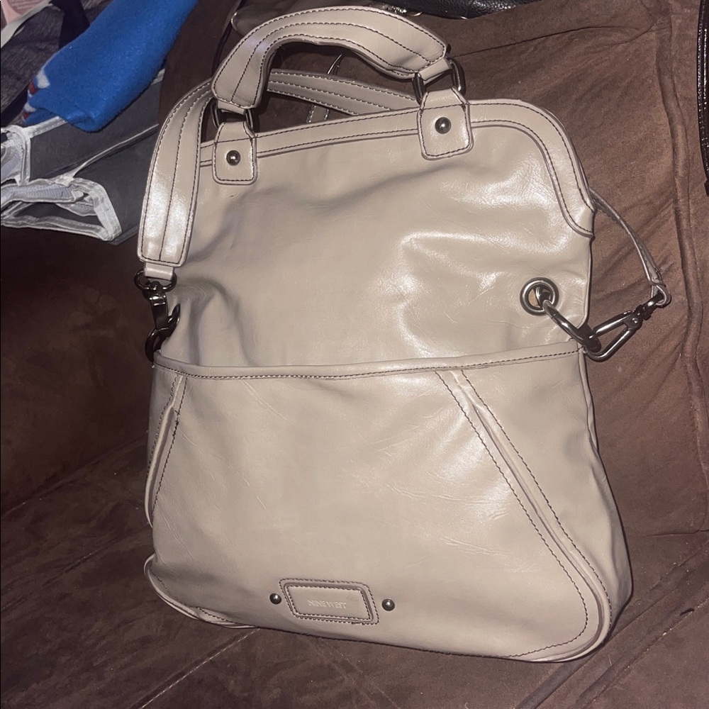 Vintage Nine West Taupe Fold Over Convertible Leather Tote Satchel - Picture 3 of 13